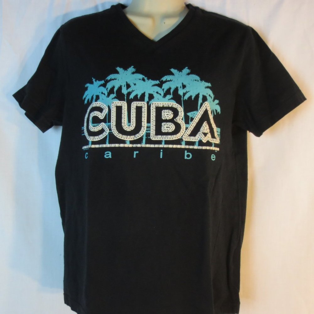 Valerio Tee Shirt Black Teal Cuba Caribe Graphic Comfy Casual 100% Cotton Size S